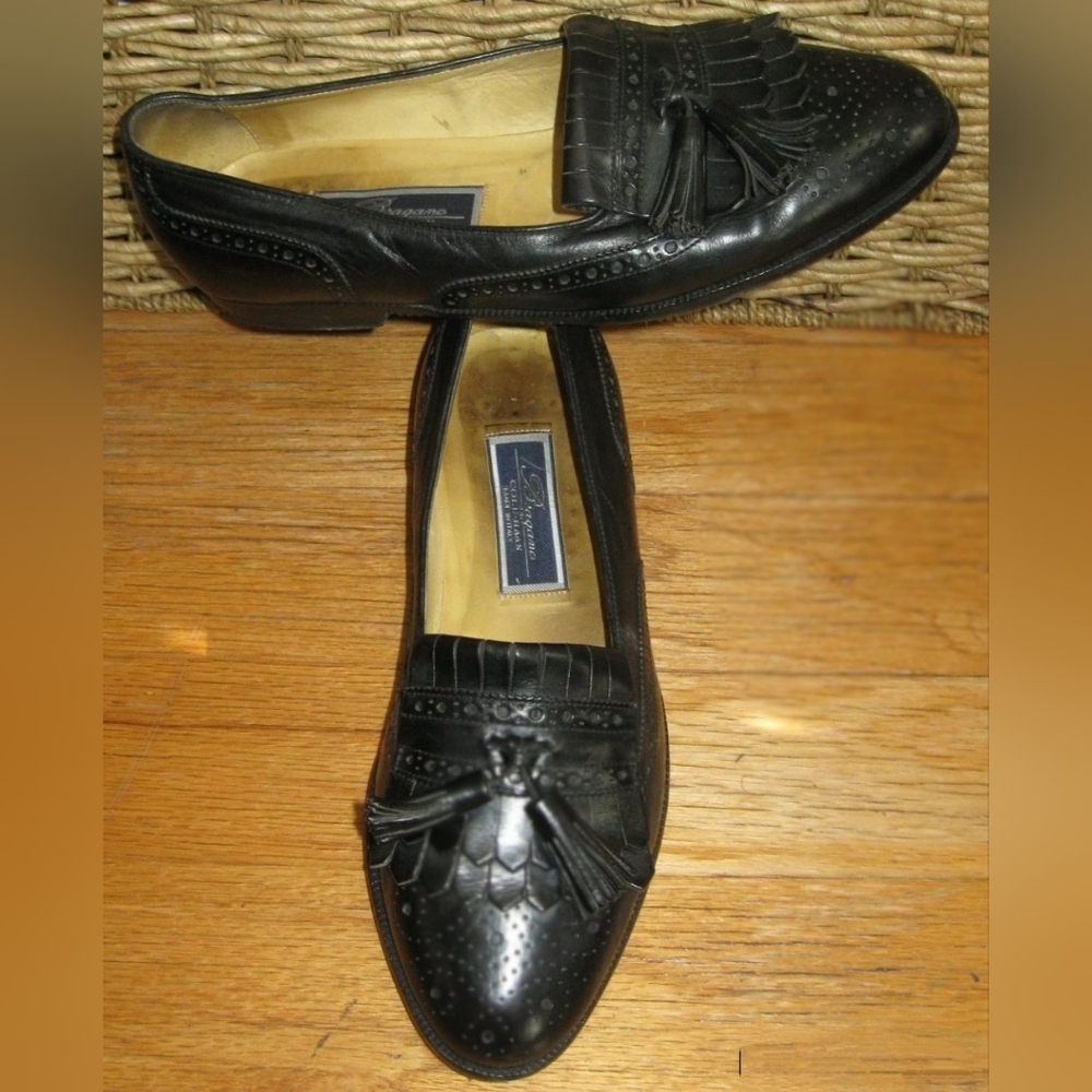 BRAGANO COLE HAAN 2425 MENS BLACK LEATHER KILTIE TASSEL WINGTIP LOAFERS SZ 8.5M